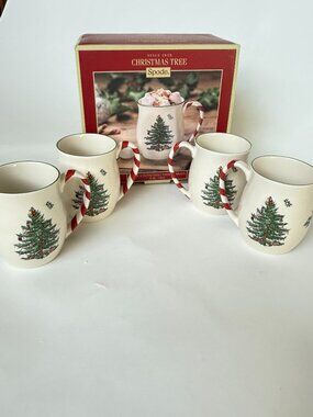 Spode Peppermint Handle Mugs Christmas Tree Set of 4 Candy Cane Santa 14 oz